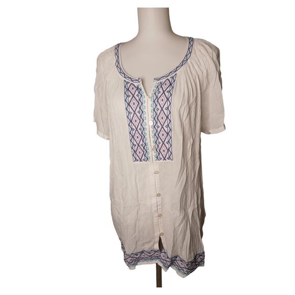 J.Jill Embroidered Crepe Button up Geometric Blouse White Purple Blue Large - Picture 1 of 10